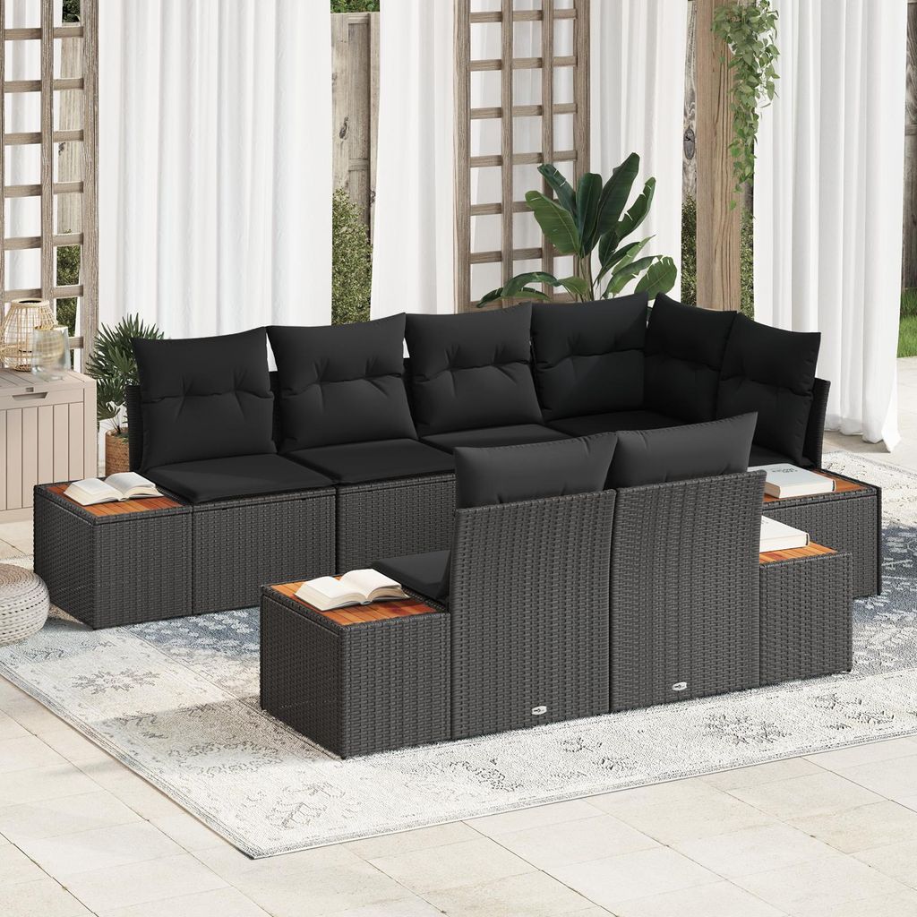 7-teiliges Garten-Sofa-Set mit Kissen Schwarz Poly-Rattan Akazie, Design Gartensofas Neu