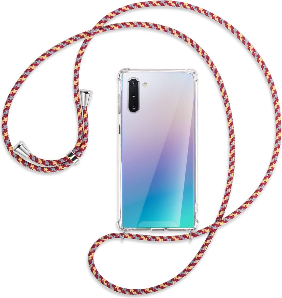 Handykette Backcover-Schutzhülle mit Band (Metall silberfarben) für Samsung Galaxy Note 10 (N970) - weinrot/gelb/grau