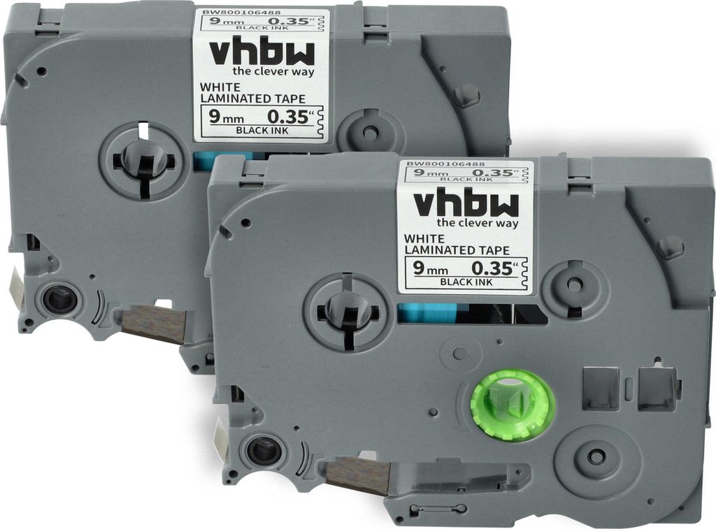 vhbw 2x Schriftband-Kassette kompatibel mit Brother PT D600, D600VP, D450VP, H100LB, H100R, E100, E100VP Etiketten-Drucker 8m x 9mm Schwarz auf Weiß