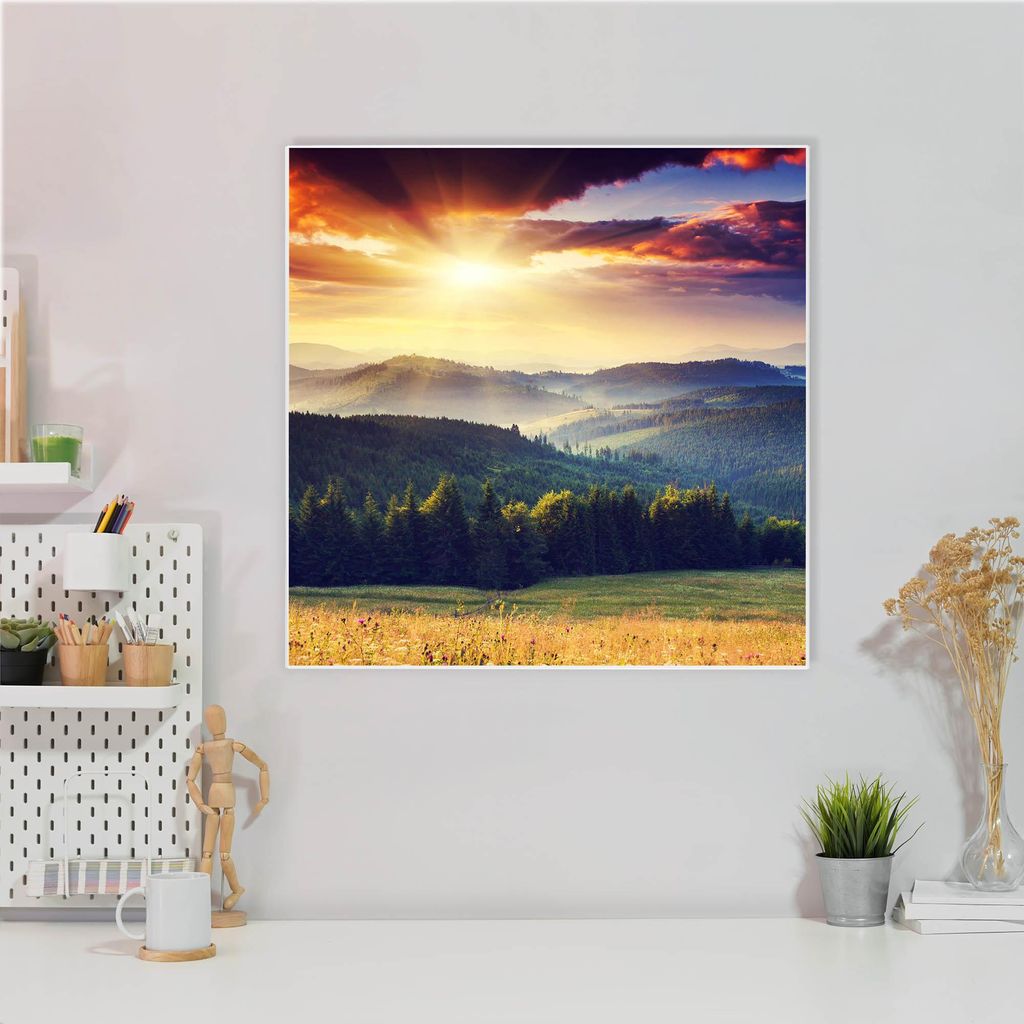 Design Stahlmagnettafel Quadratisch 50x50cm Karpaten Sonnenuntergang