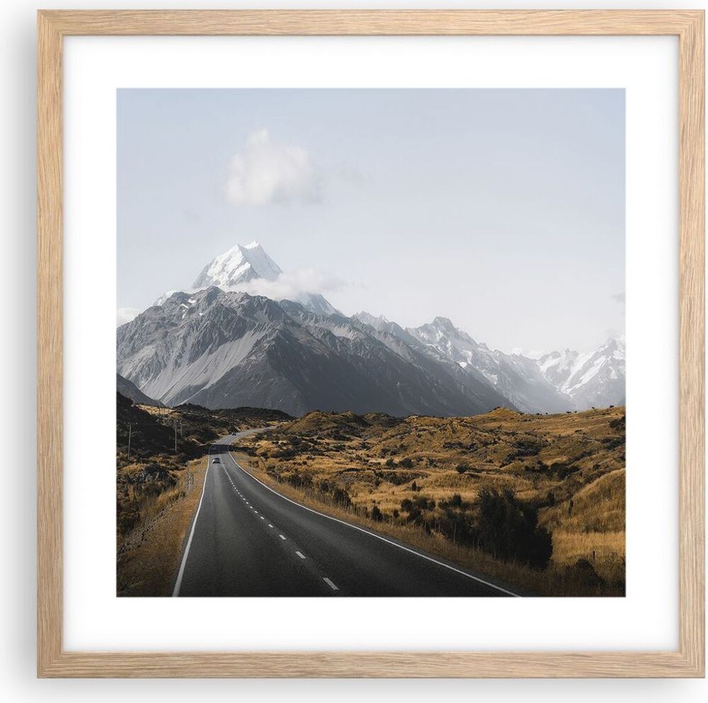 Gerahmtes Poster - Rahmen in heller Eiche - Weg Berg Gipfel - 40x40 cm - Wand Bild - Wanddeko - Wandbilder - Kunstposter - Wandposter - Bilderrahme...