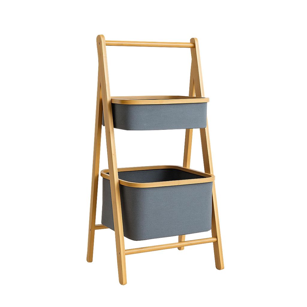 Bestlivings Aufbewahrungsregal ( 34×45×97 cm ) mit 2 grauen Stoffkörben, robustes Regal aus Bambus und 600D Oxford-Gewebe, platzsparend klappbar
