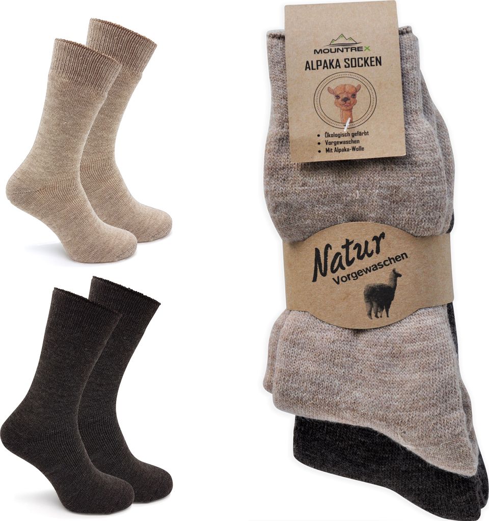 MOUNTREX Alpaka Socken, Wollsocken für Damen, Herren - Wintersocken - Kuschelsocken - 2 Paar, Beige/Braun (Dick Thermo), 47-50
