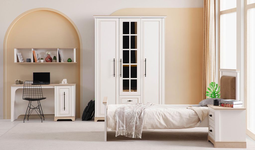 Weißes Möbelset Stilvolles Einzelbett Holz Nachttische Schreibtisch