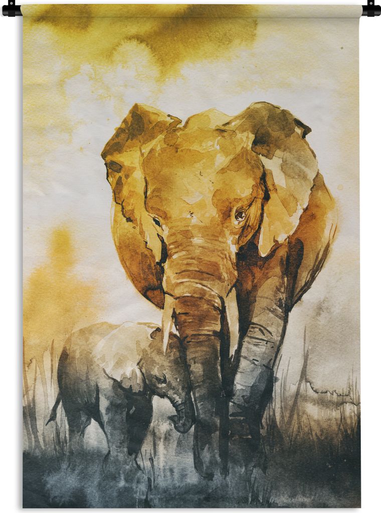 MuchoWow Wandteppich Wandbehang Elefant - Kind - Aquarell 60x90 cm Tapisserie Dekoration Wandtuch - Foto-Teppich - Abwaschbar