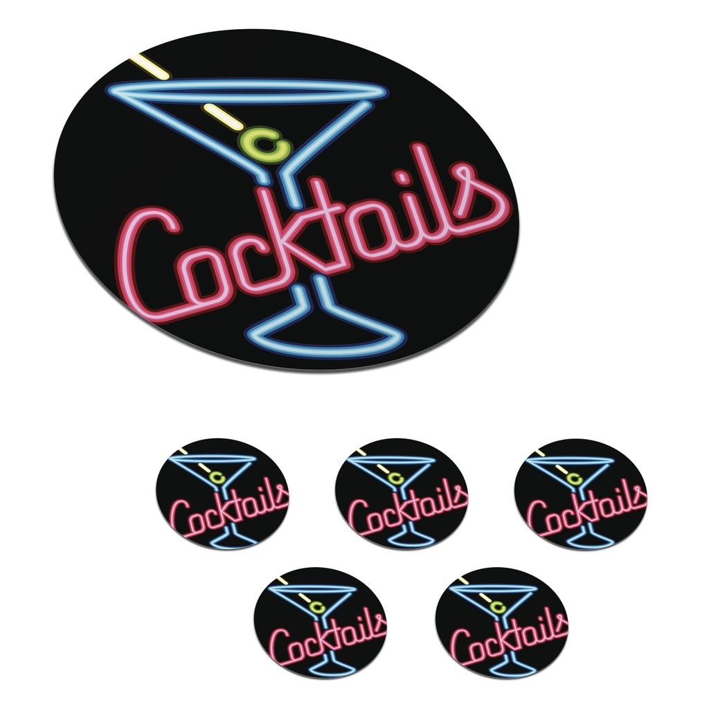 KitchenYeah Glasuntersetzer Rund 6er Set Illustration einer Leuchtreklame "Cocktails 10x10 cm Untersetzer für Gläser - Getränkeuntersetzer - ...