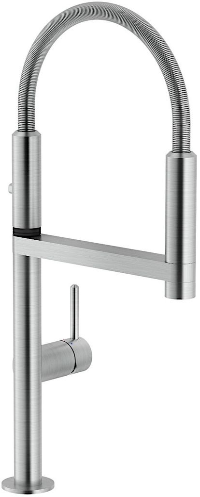 A studio shot of a modern kitchen faucet.