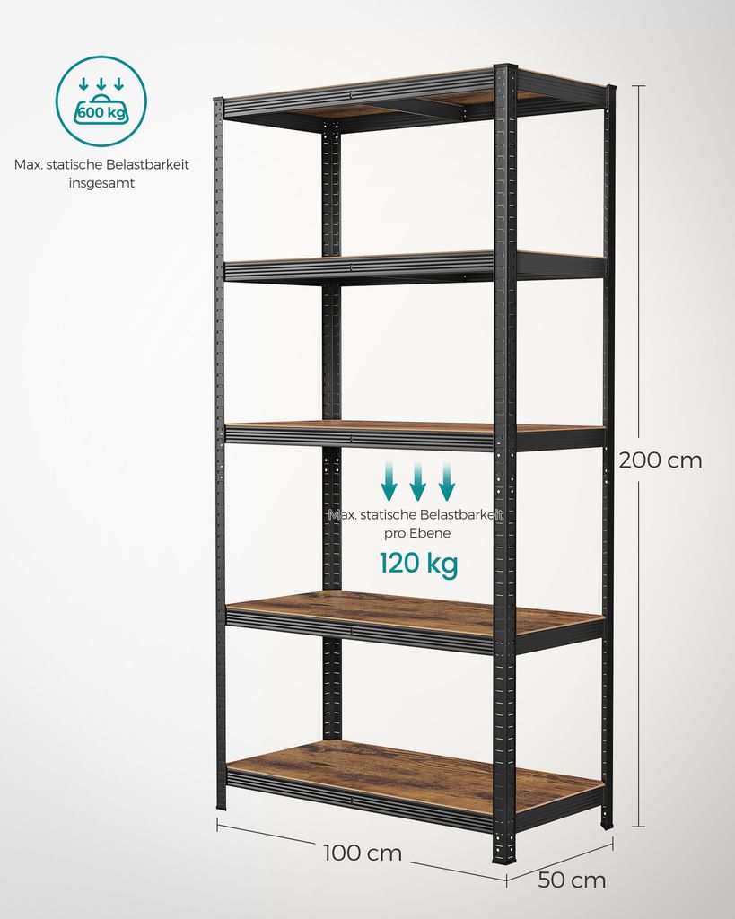 A tall, black metal shelving unit with wooden shelves against a light gray background.