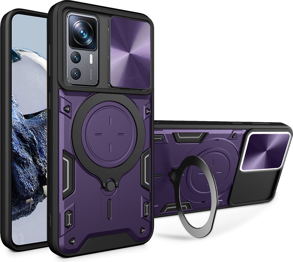 Handyhülle für Xiaomi 12T /12T Pro /Redmi K50 Ultra Dual-Layer Stoßfest Rüstung Hülle mit Dia Kameraschutz und Kreisförmig Ring Ständer Lila