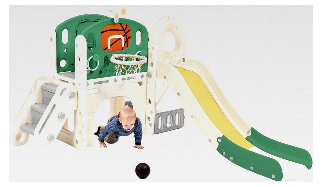 Klettergerüst für den Innenbereich mit Rutsche, Tunnel und Basketballkorb – Kombi-Rutsche für Kleinkinder ab 1 Jahr, Grün mit Stauraum