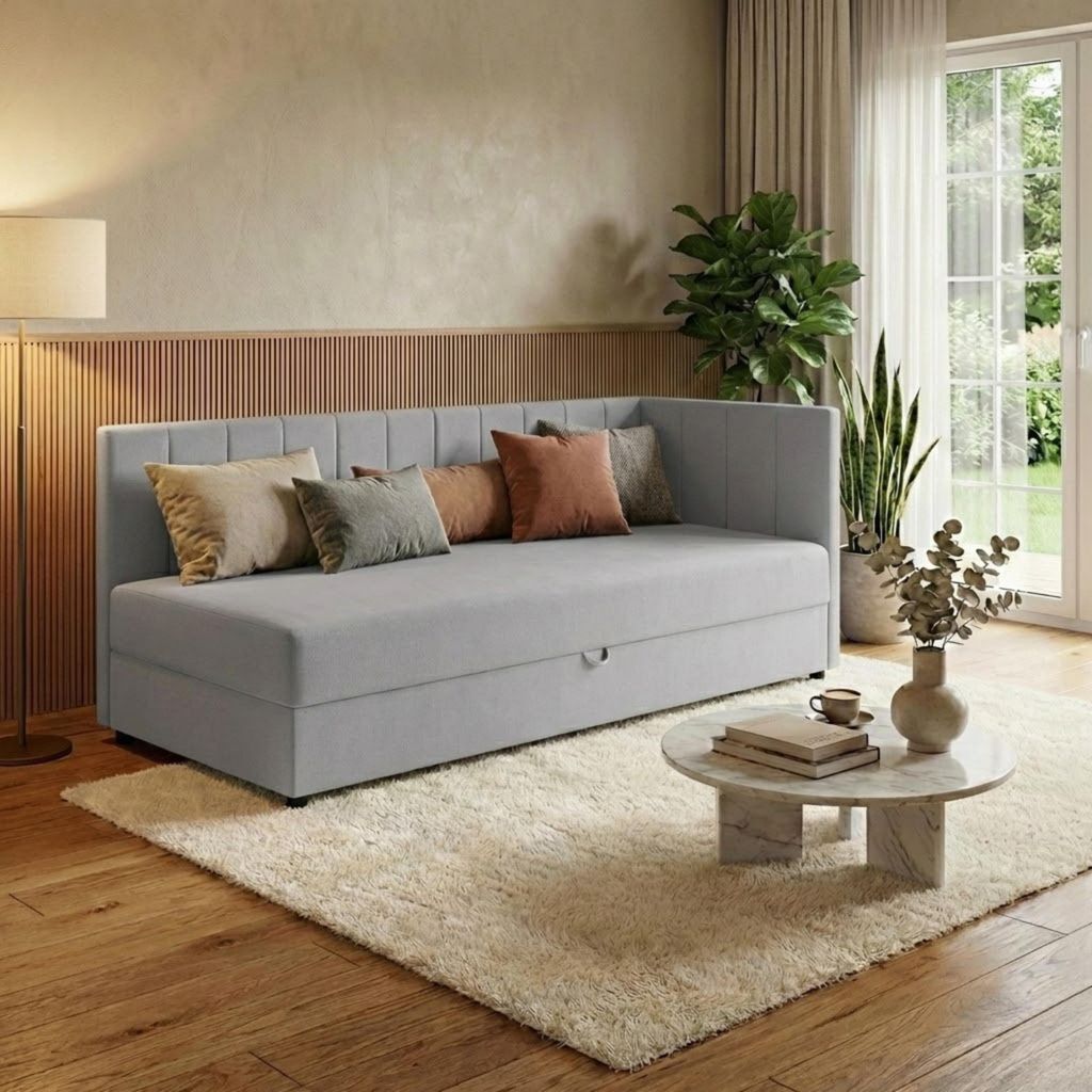 Tagesbett 80x200 - Grau - Recamiere mit Schlaffunktion - Polsterbett aus Samt - Universal Montierbar - Bonell-Federkern - Kinderbett