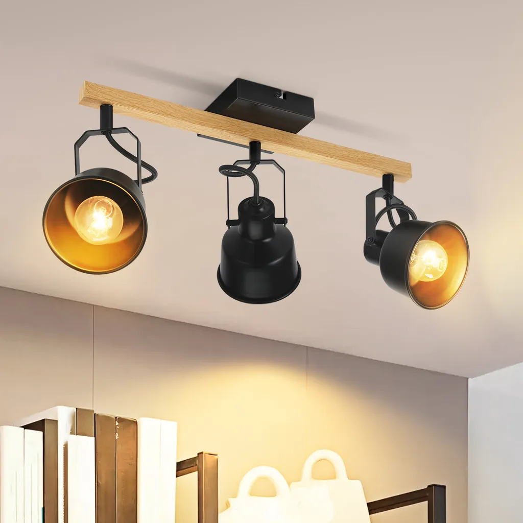 Lampada Soffitto Vintage ZMH 3 Faretti Girevoli E14 Nero Legno