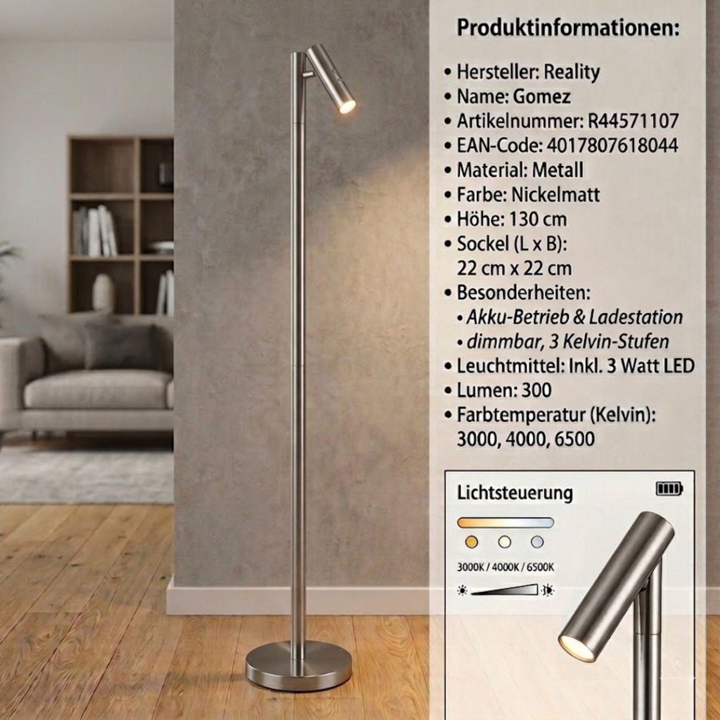 Reality Leuchten Stehleuchte GOMEZ DH 22x129 cm silber Stehlampe Leseleuchte