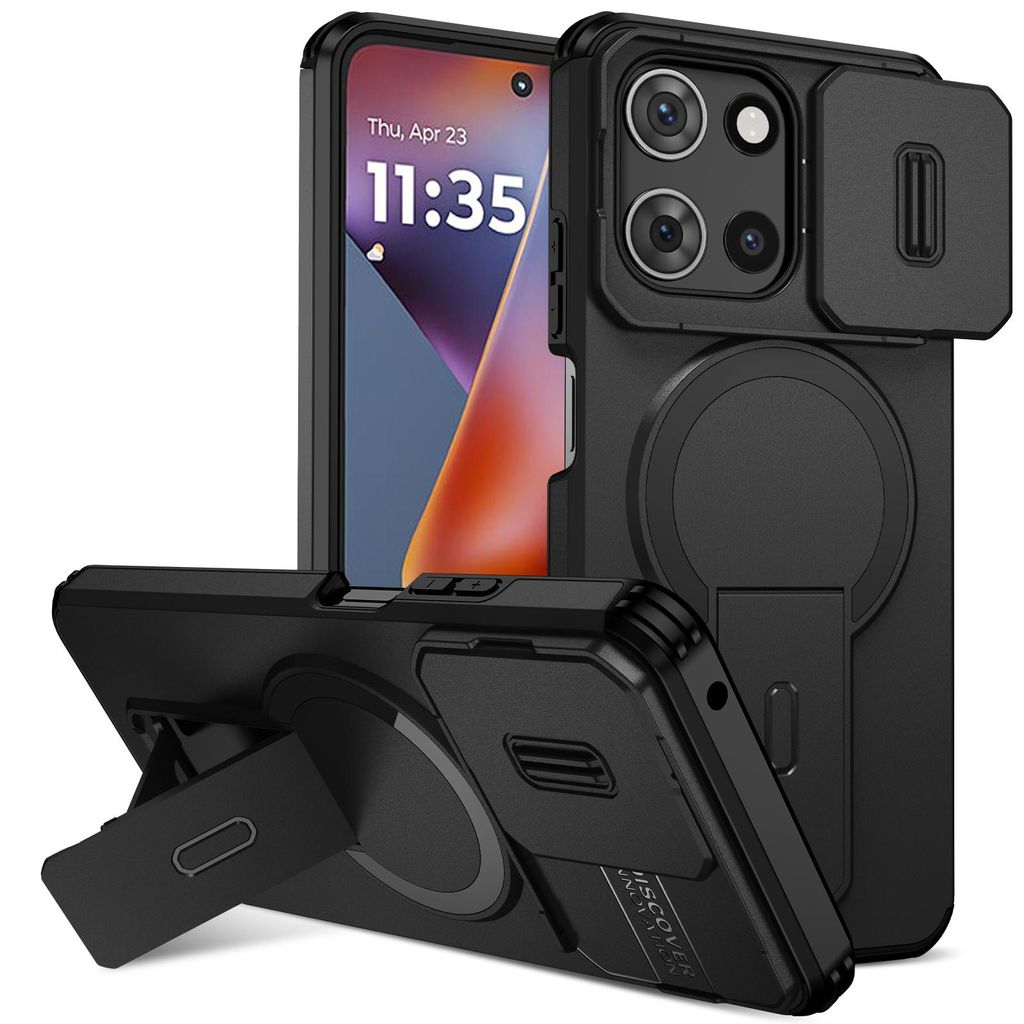Magnetisch Hülle für Motorola Moto G 2025, Dual Layer Stoßfest Handyhülle mit Dia Kameraschutz, Verstellbarem Ständer Schwarz
