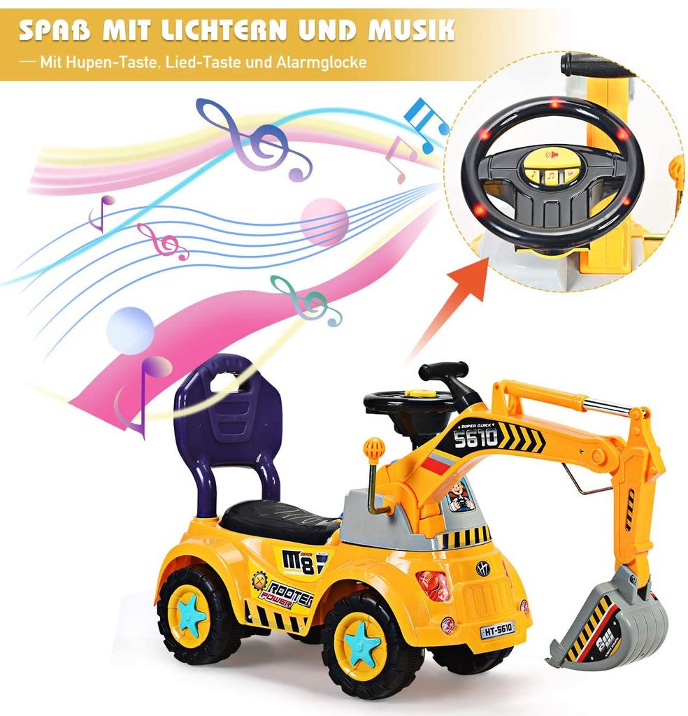 Schaufelbagger Digger Scooter Sitzbagger Sandspielzeug mit LED-Licht & Musik 