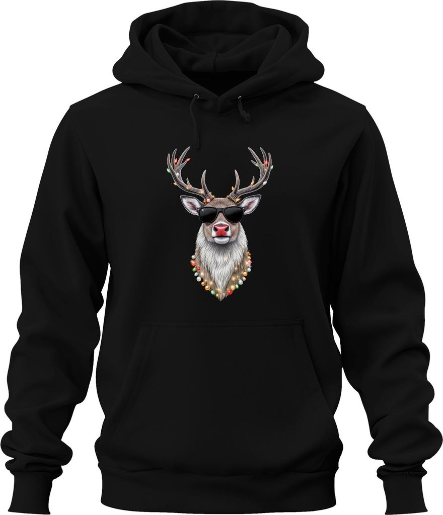 Weihnachten Rentier Sonnenbrille Lichterkette Rudolph Cool Retro Uni Hoodie Kapuzenpullover, Schwarz, XXL