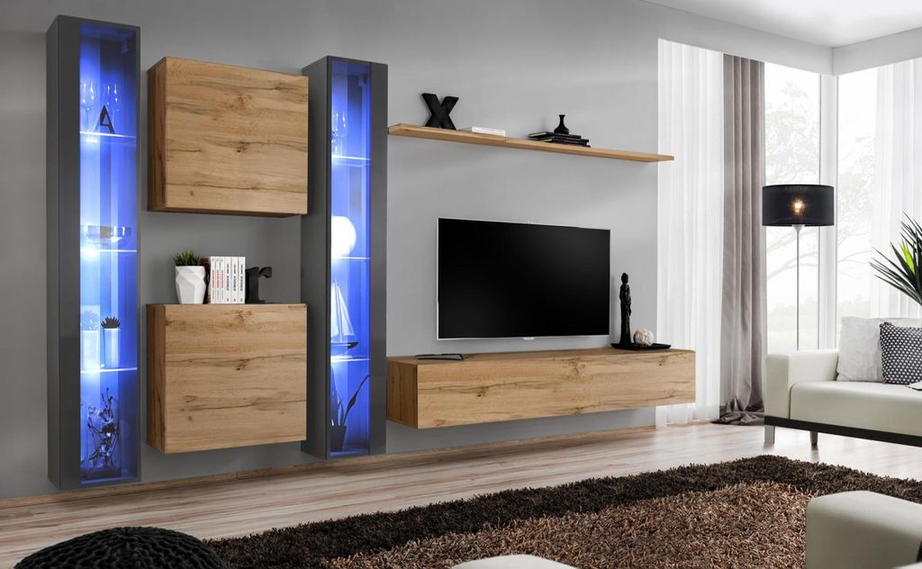 Komplett Braun Wohnwand Set Hänge Vitrine Wand Schrank Einrichtung Modern Design