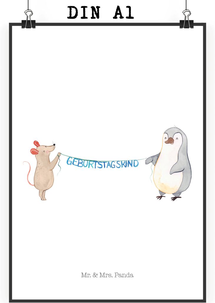 Mr. & Mrs. Panda Bild Maus Pinguin Geburtstag DIN A1 - Weiß - Geschenk, Plakat, Wandbild, Happy Birthday, Geburtstage, wanddeko, Herzlichen Glück...