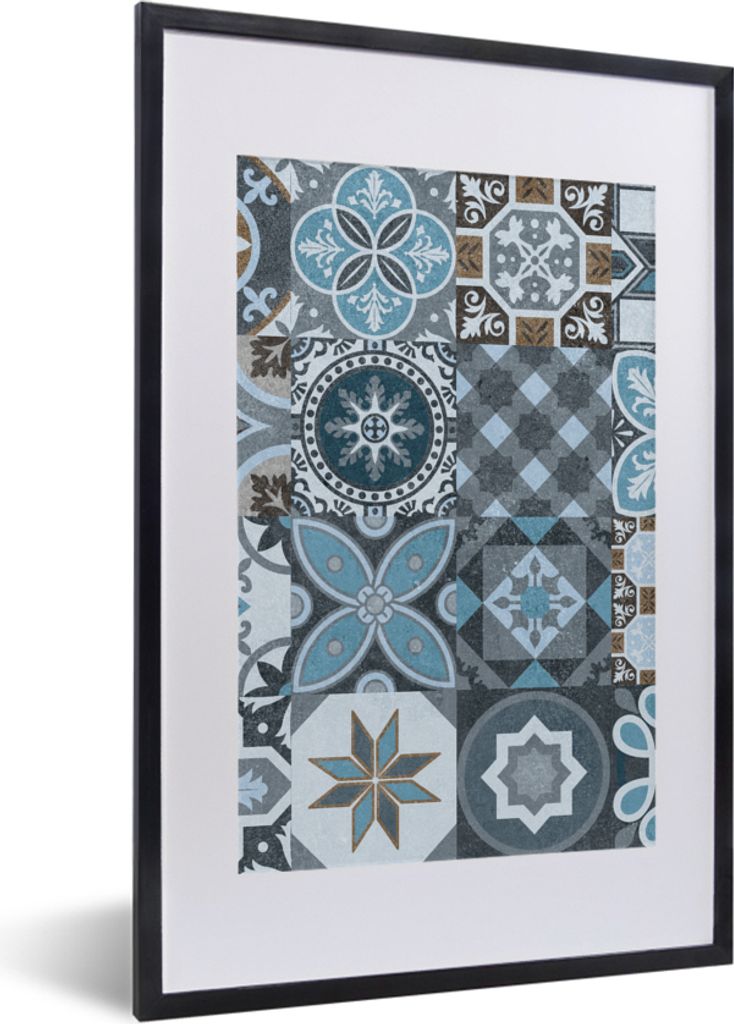 MuchoWow Gerahmtes Poster Design - Blume - Blau - Figuren 40x60 cm - Poster mit Schwarzem Bilderrahmen Wandposter Rahmen Foto Bilder - Poster in ...