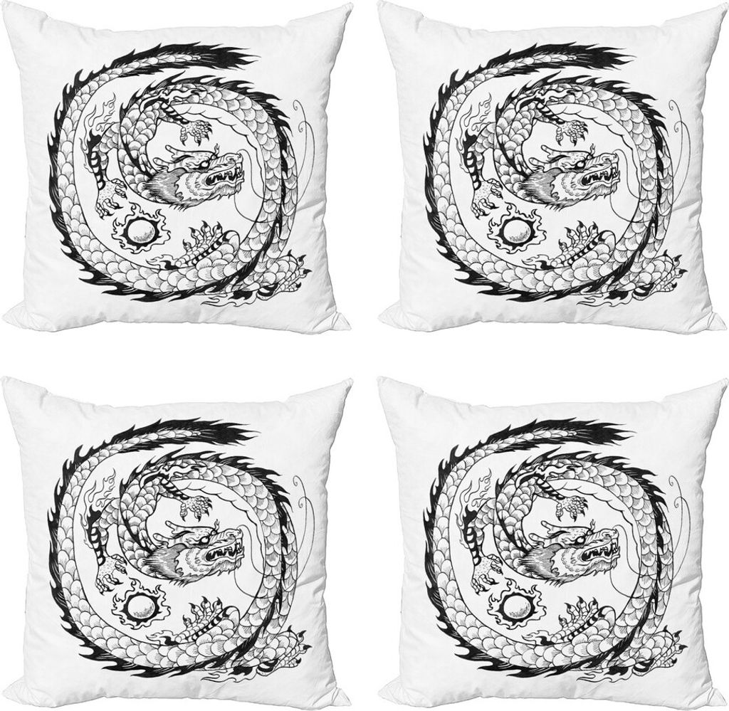 ABAKUHAUS Drachen Kissenbezug Set (4 Stück), japanisch, Moderner Doppelseitiger Digitaldruck, 40 cm x 40 cm, Weiß und Schwarz