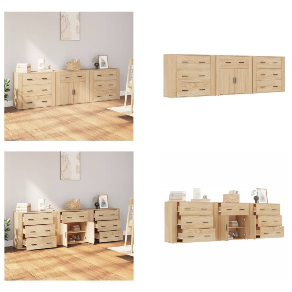 vidaXL Sideboards 3 Stk. Sonoma Eiche Holzwerkstoff - Sideboard - Sideboards - Schrank - Aufbewahrungsschrank