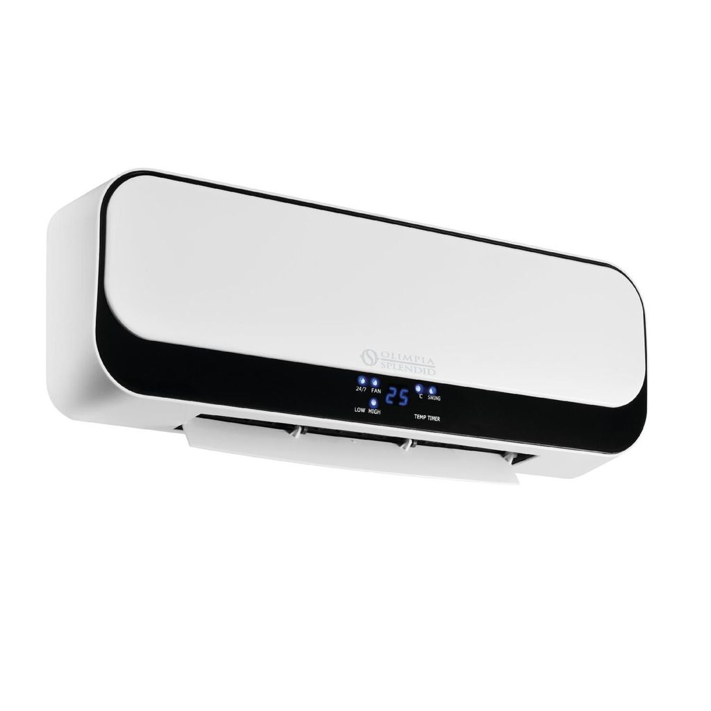 A white and black electric fan heater mounted on a white background.