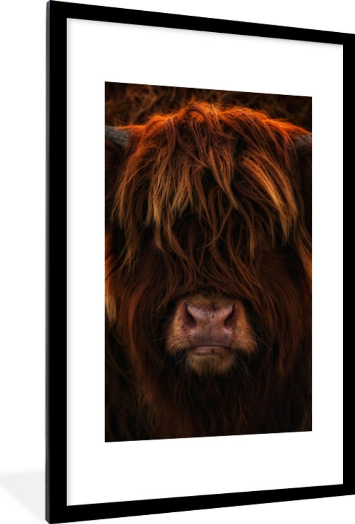 MuchoWow Gerahmtes Poster Schottischer Highlander - Kuh - Schwarz - Porträt 60x90 cm - Poster mit Schwarzem Bilderrahmen Wandposter Rahmen Foto ...