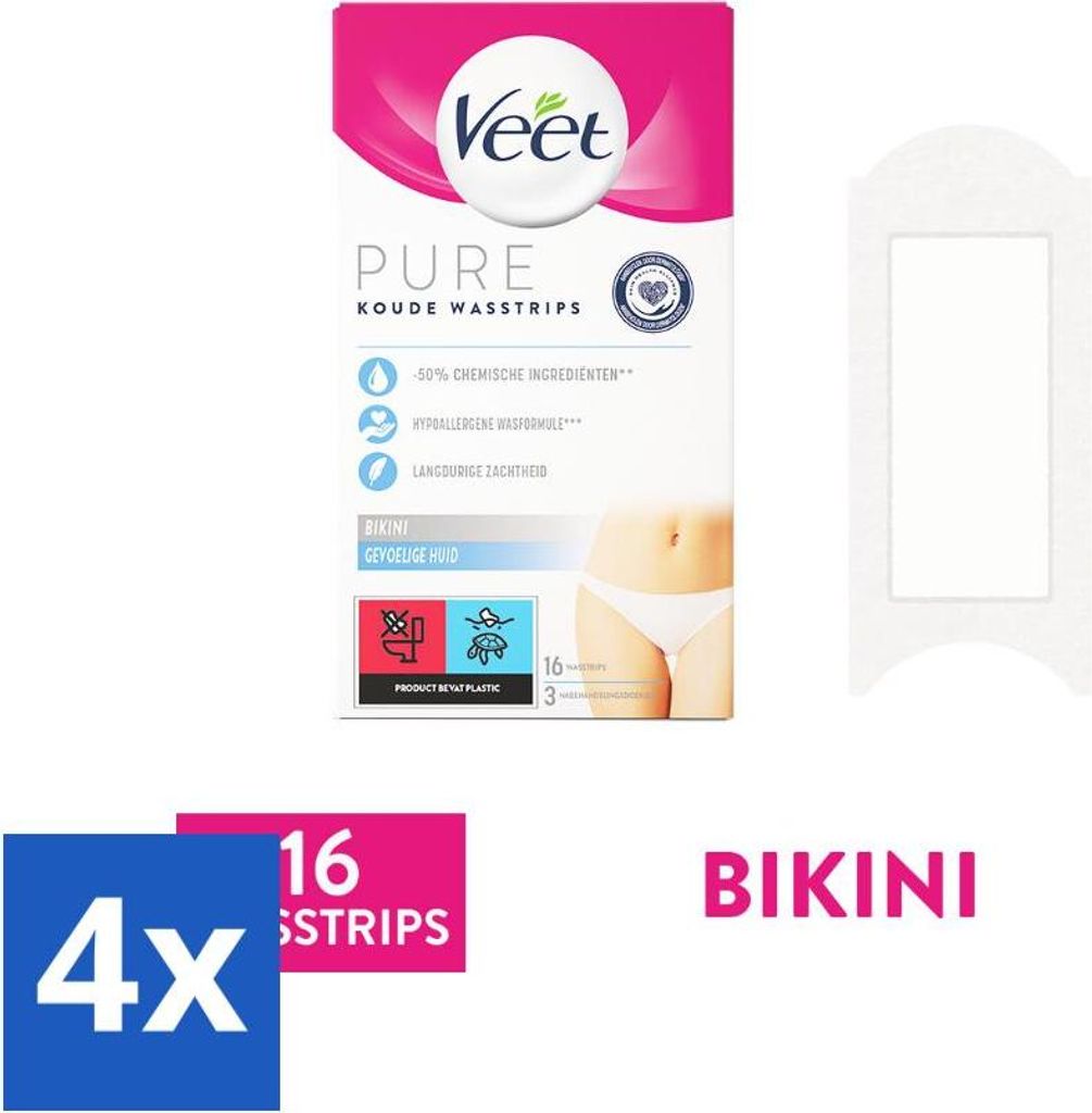 Veet Haarentfernungsstreifen für die Bikinizone, Pure Sensitive Skin, 16 Stück - Vorteilspack - 4 Stücke