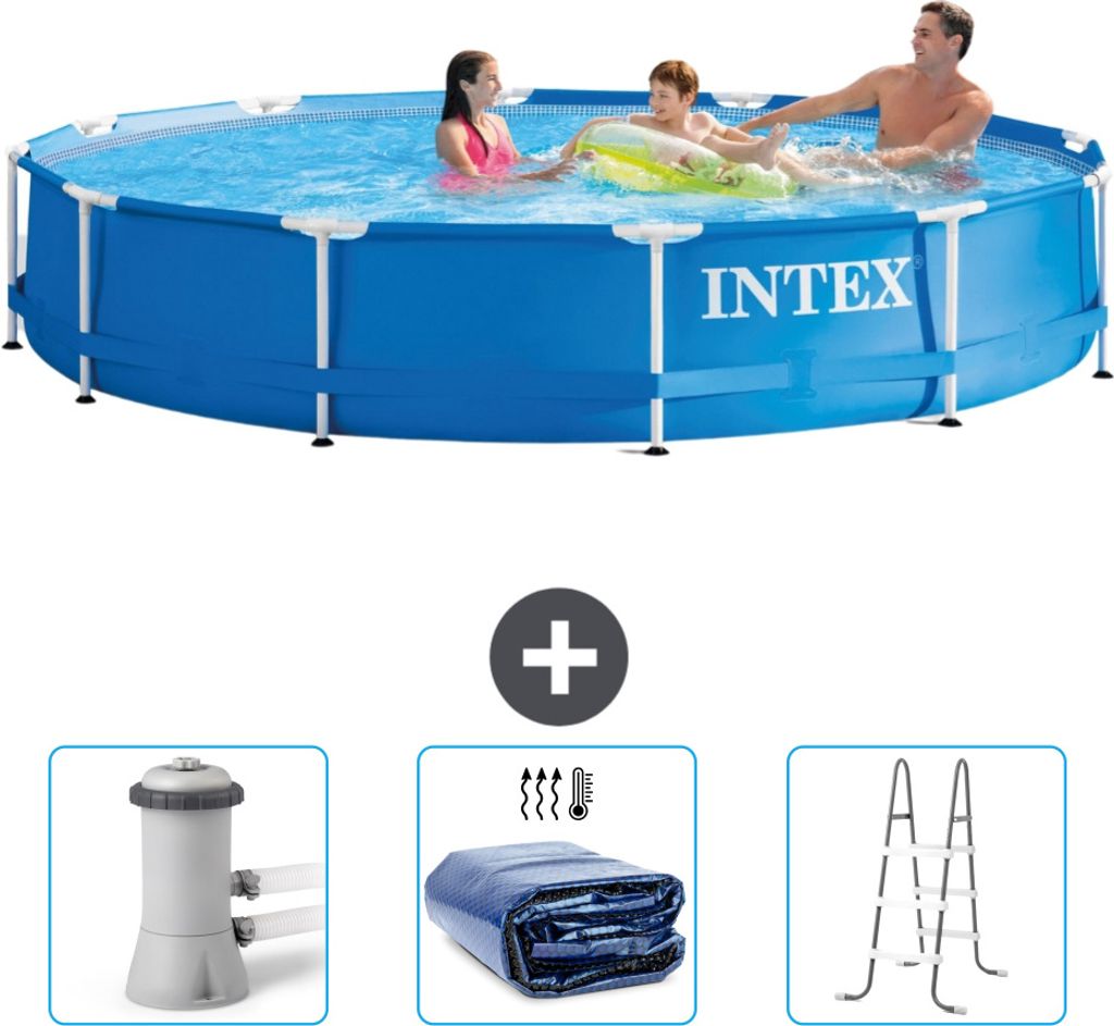 Intex-Schwimmbecken mit rundem Rahmen – 366 x 76 cm – Blau – im Lieferumfang enthalten Filterpumpe für Schwimmbad - Sonnensegel - Leiter