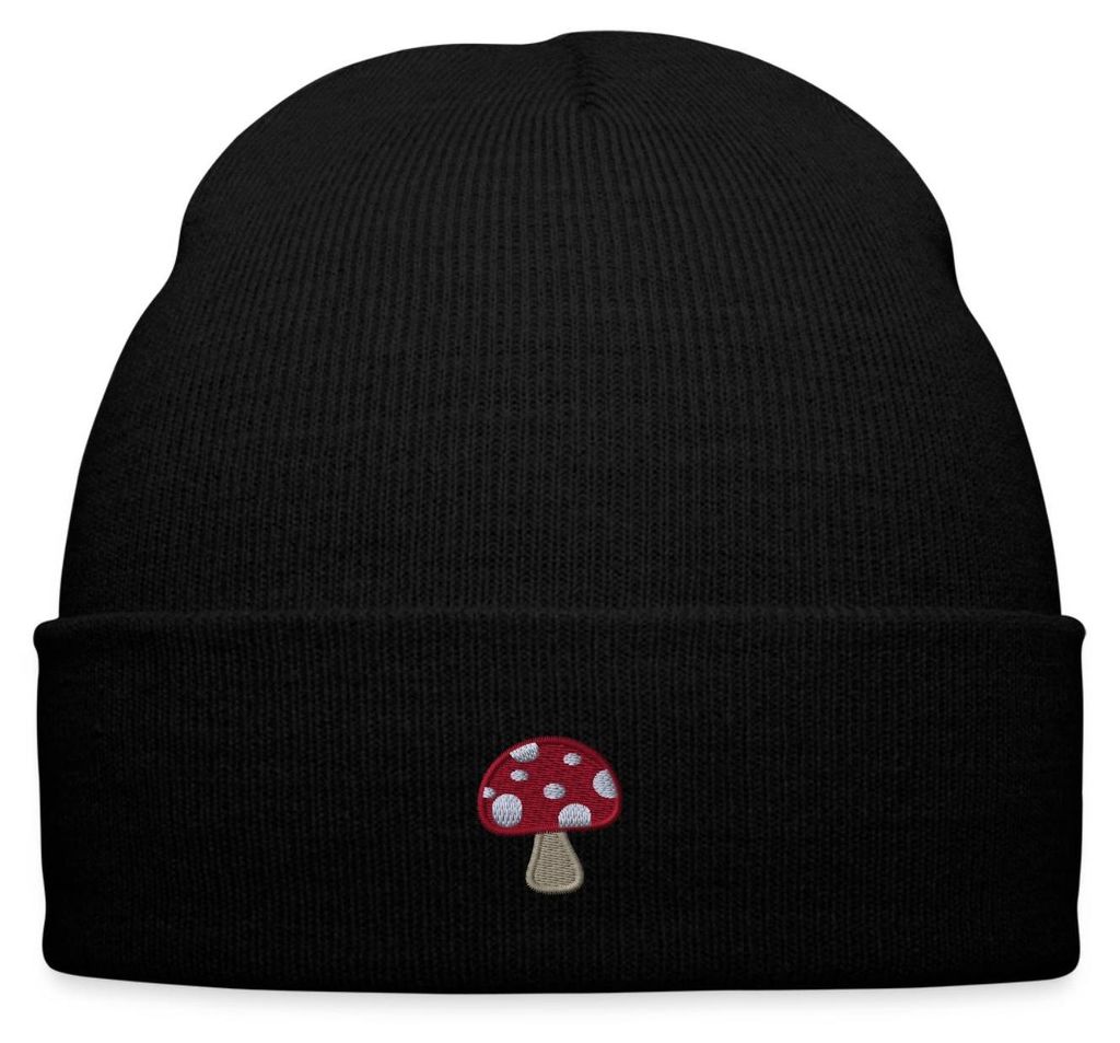 Spreadshirt Fliegenpilz Stickoptik Pilzliebe Im Retro-Stil Bestickte Wintermütze, One size, Schwarz