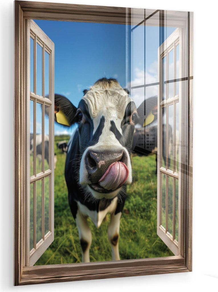 MuchoWow Glasbilder - Bilder auf Wandbild - Foto auf Glas Durchgucken - Kuh - Wiese - Tiere - Natur 30x40 cm Wanddekoration aus Glas - Acrylglasbil...