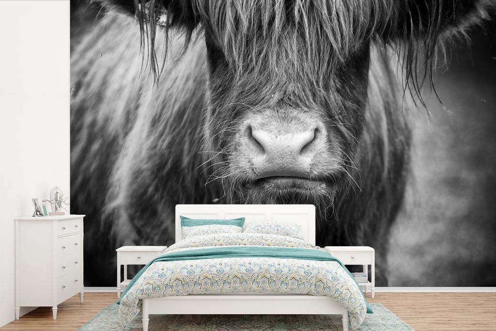 MuchoWow Fototapete für Wohnzimmer oder Schlafzimmer Wandtapete Vinyl Motivtapete Schottischer Highlander - Kuhkopf - Schwarz und Weiß - 330x22...