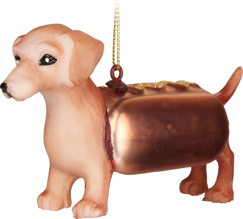 BRUBAKER Dackel als Hot Dog Braun - Handbemalte Weihnachtskugel Hund aus Glas - Christbaumschmuck Figuren Lustig Deko Anhänger Baumkugel - 10,8 cm