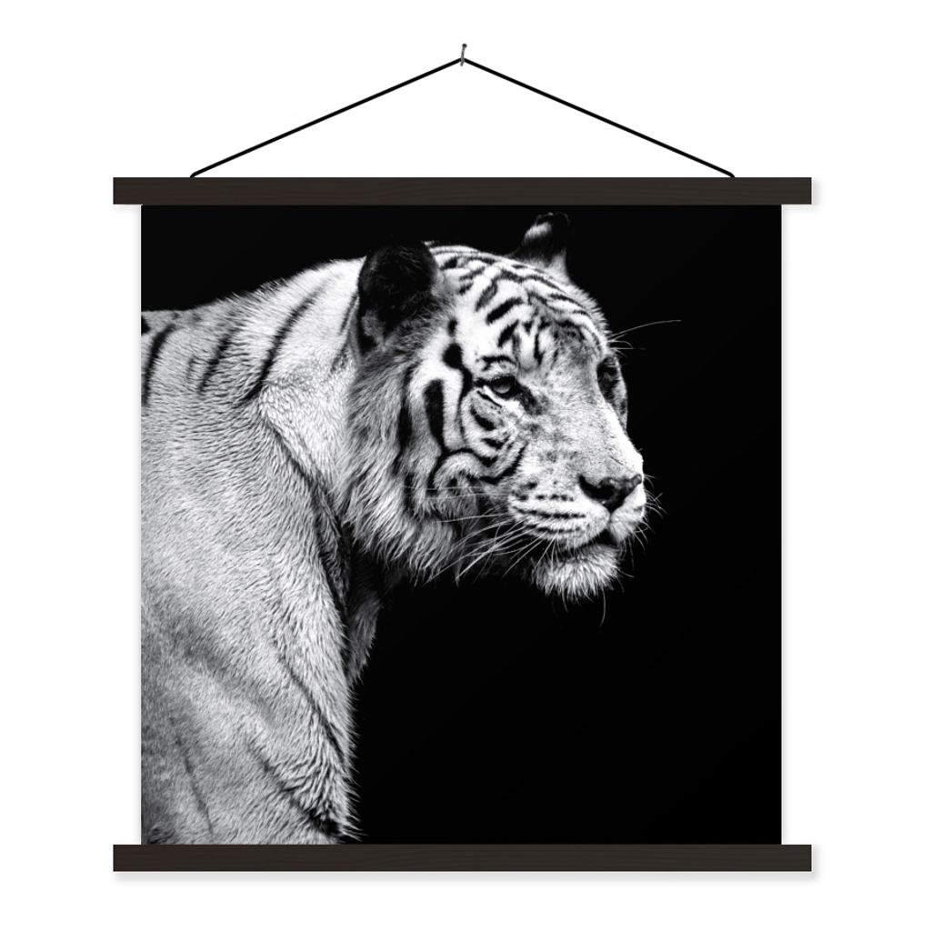 MuchoWow Textilposter Tierprofil Tiger in schwarz und weiß 90x90 cm mit schwarzem Rahmen - Magnetisches