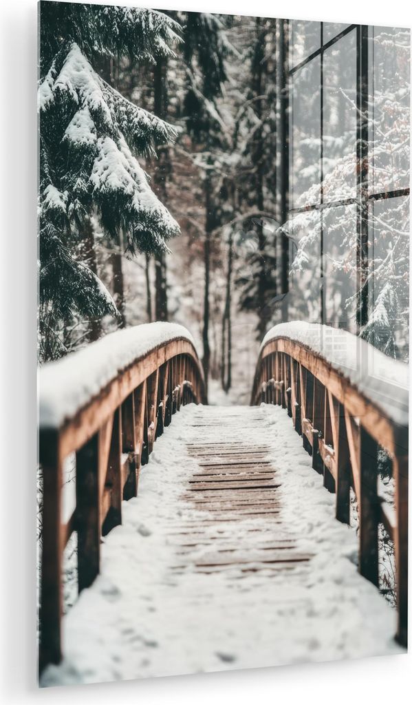 MuchoWow Glasbilder - Bilder auf Wandbild - Foto auf Glas Brücke - Winterlandschaft - Wald - Natur - Schnee 60x90 cm Wanddekoration aus Glas - Acr...