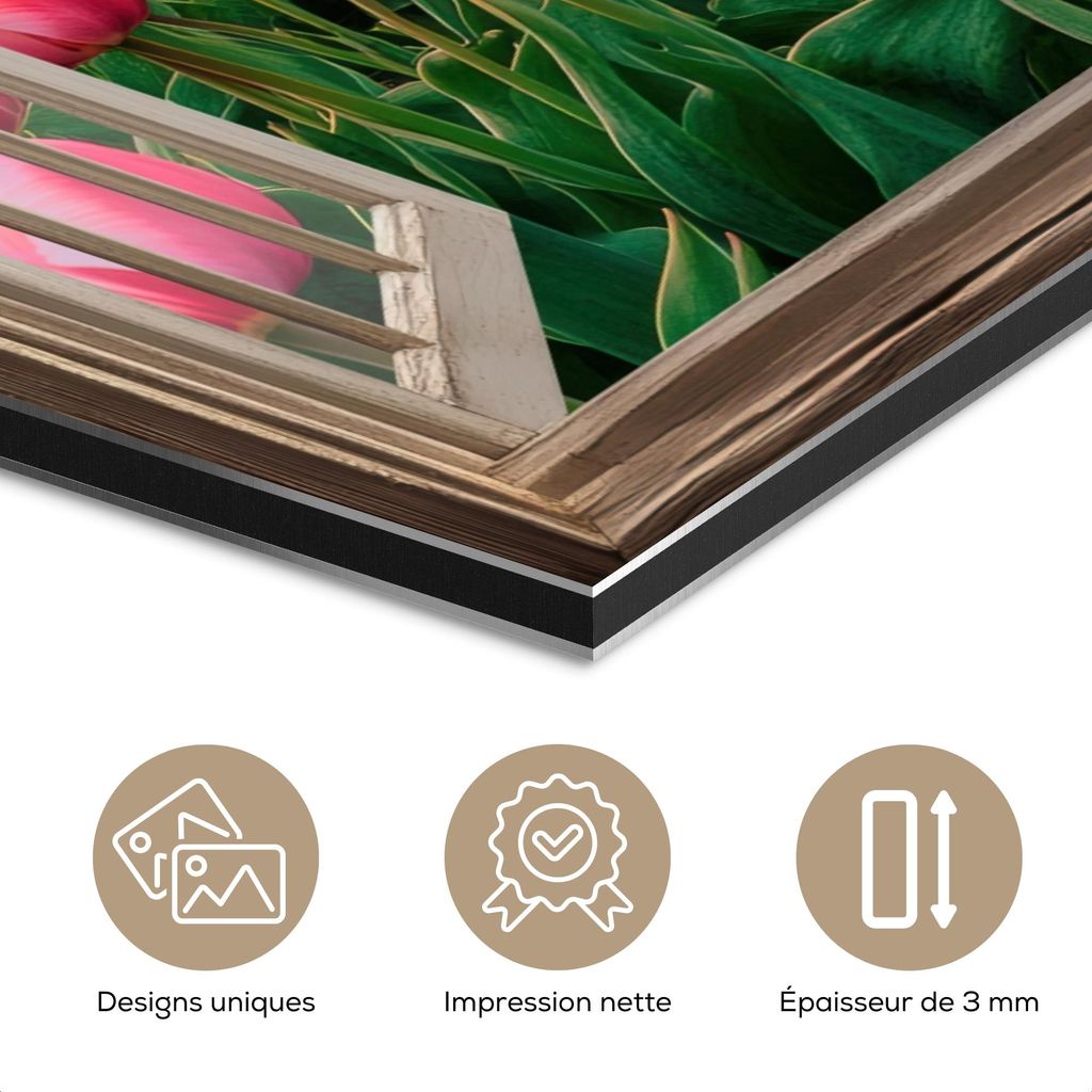 MuchoWow Wanddekoration Metall Metallbild Wandkunst 30x40 cm Ausblick - Tulpen - Blumen - Mühle - Fenster MuchoWow Aluminium Gemälde - Bilder