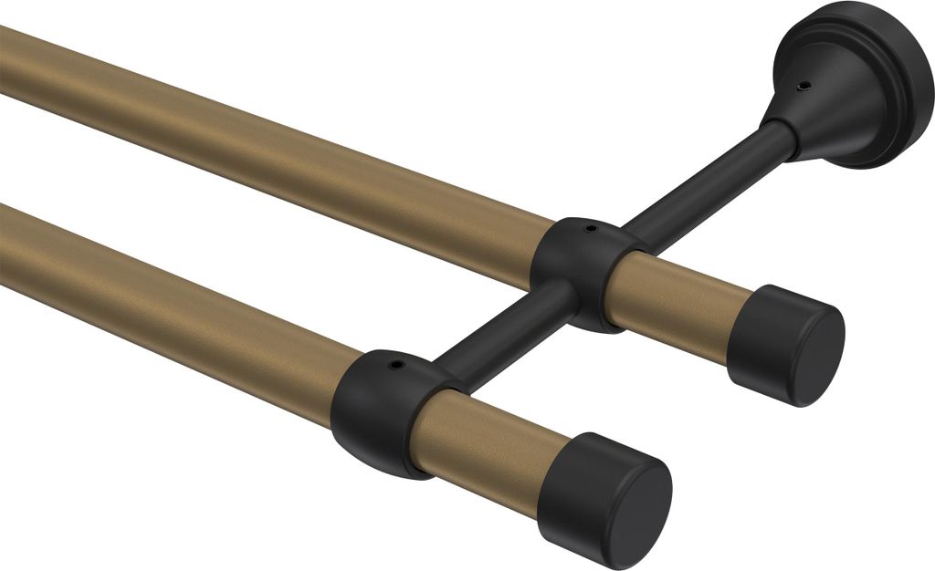 Interdeco Gardinenstange / Vorhangstange Gold matt / Schwarz, Typ Primus Lucan (Kappe), 16 mm Ø 2-läufig, 140 cm