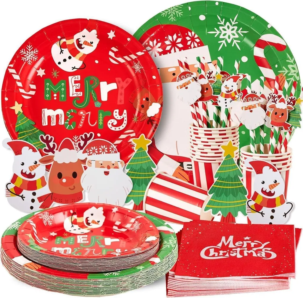 Set Stoviglie Natale 16 Ospiti: Piatti Carta, Bicchieri e Cannucce Kit
