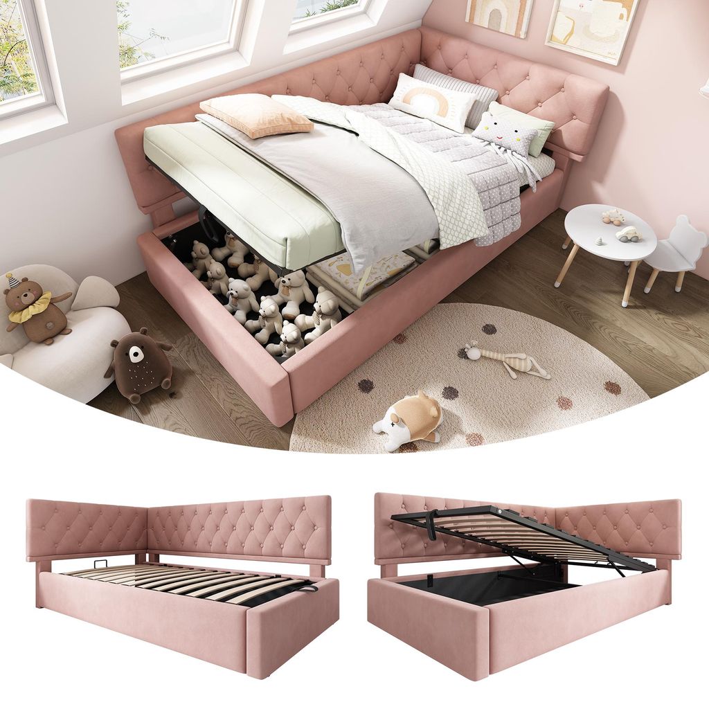 Polsterbett Tagesbett Daybett 90x190cm, Schlafsofa mit hydraulischem Stauraum, Kinderbett Jugendbett Bettgestell mit Lattenrost aus Holz, Samt, Ros...