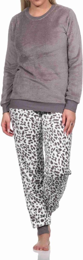 Damen langarm Schlafanzug Pyjama mit Bündchen aus im Animal Look ; braun , 44