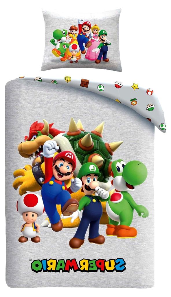 Bettwäsche Super Mario 135x200 + 80x80 · Mit Mario, Luigi, Toad, Peach, Wario & Yoshi · 2-teiliges Kinderbettwäsche Set Bettbezug + Kissenbezug...