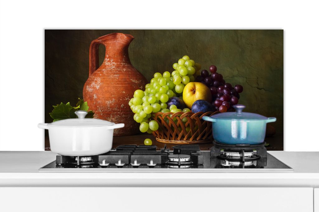 KitchenYeah Spritzschutz Küche - Küchenrückwand - Wandschutz für Herd und Spüle - Rustikal - Obst - Korb - Stilleben 100x50 - Alu-Dibond (Al...