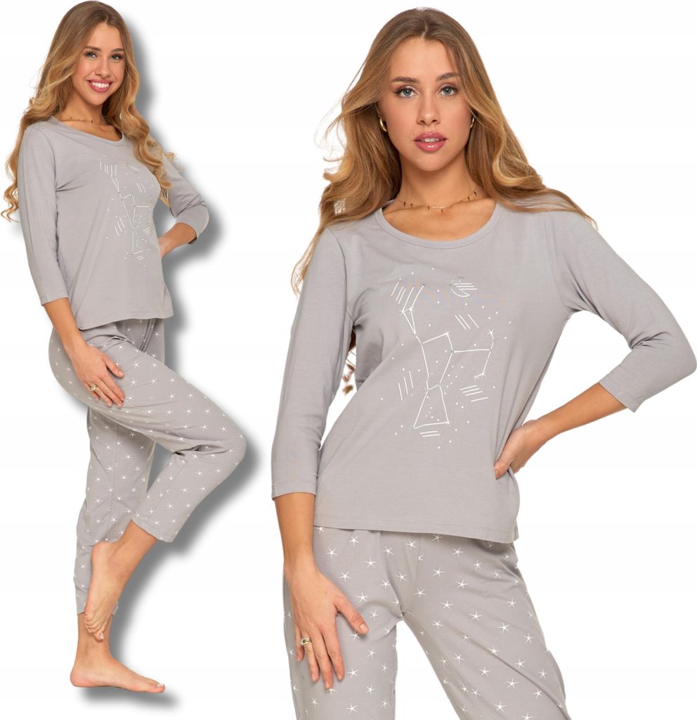 Damen-Pyjamas Aus Baumwolle, 3/4-Ärmel, Lange Hosen, Bequem, Grau, Moraj 3Xl