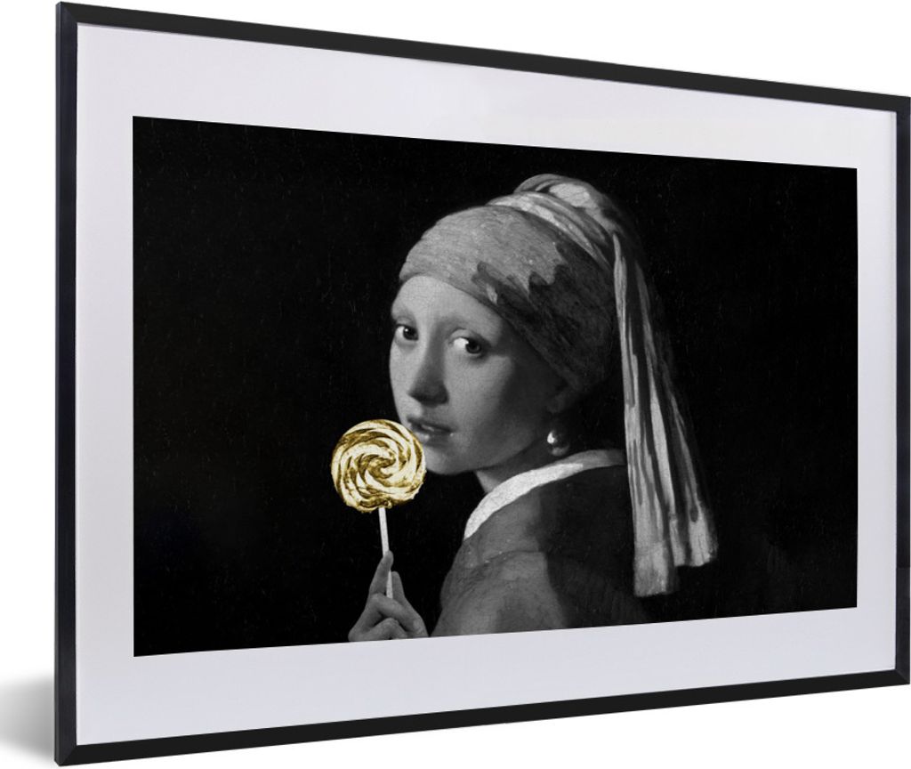 MuchoWow Gerahmtes Poster Mädchen mit Perlenohrring - Johannes Vermeer - Schwarz und weiß 60x40 cm - Poster mit Schwarzem Bilderrahmen Wandpost...