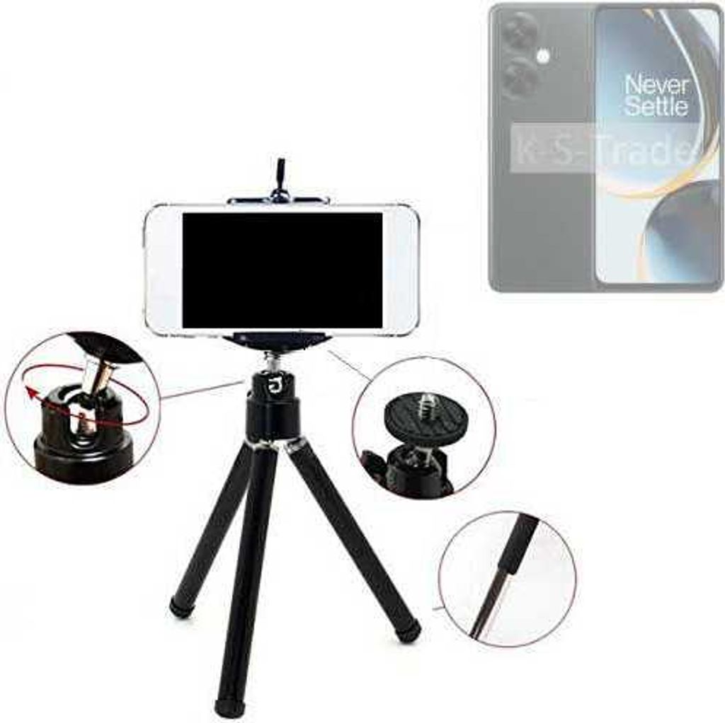 K-S-Trade Smartphone Stativ Dreibein kompatibel mit OnePlus Nord N30 5G Tripod aus Aluminium Klemmstativ Stativ Adapter für Mobiltelefone schwarz 1x