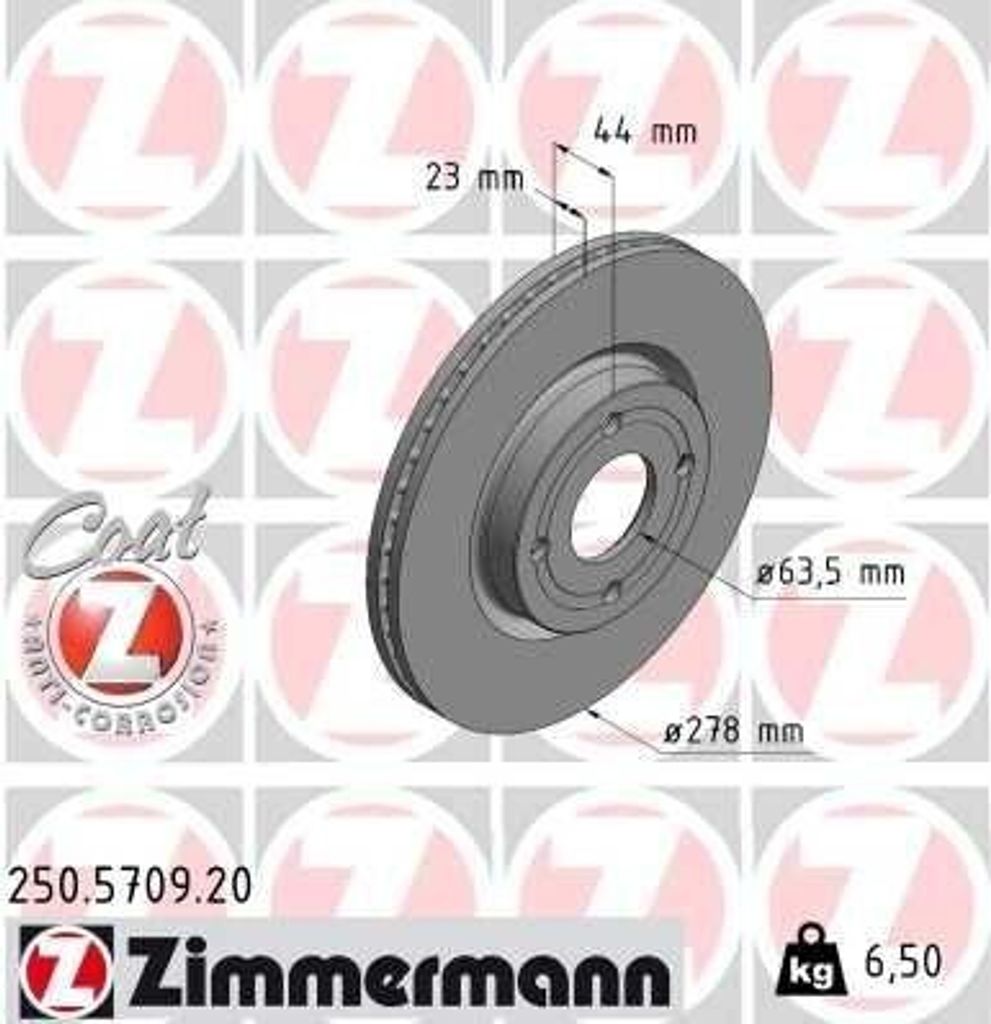 2x ZIMMERMANN Bremsscheibe 250.5709.20 für FORD Fiesta Mk7 Schrägheck 44mm 6 5kg