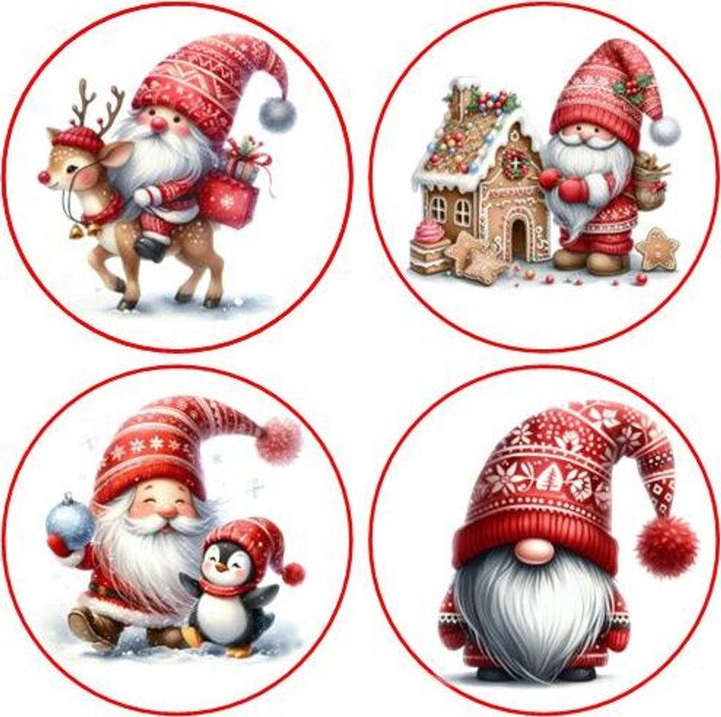 Weihnachten Gnome Wichtel Set A4 - 4 Motive essbar für Lebkuchen, Cupcakes, Kekse, Kuchen in verschiedenen Durchmessern Oblatenpapier 0,6 Wafer P...