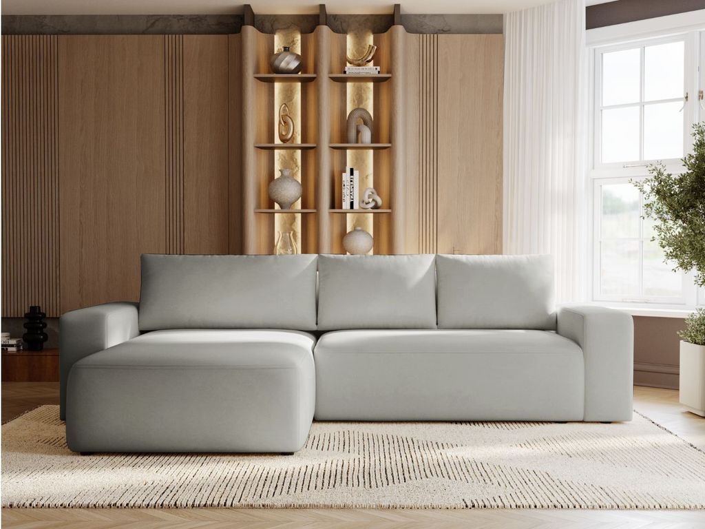 GrainGold Ecksofa L-Form Tazones Links - Ecksofa mit Schlaffunktion, Bettkasten - Moderne Ecksofa, Wohnzimmer Sofa - Eckcouch Grau (Komodo 20)