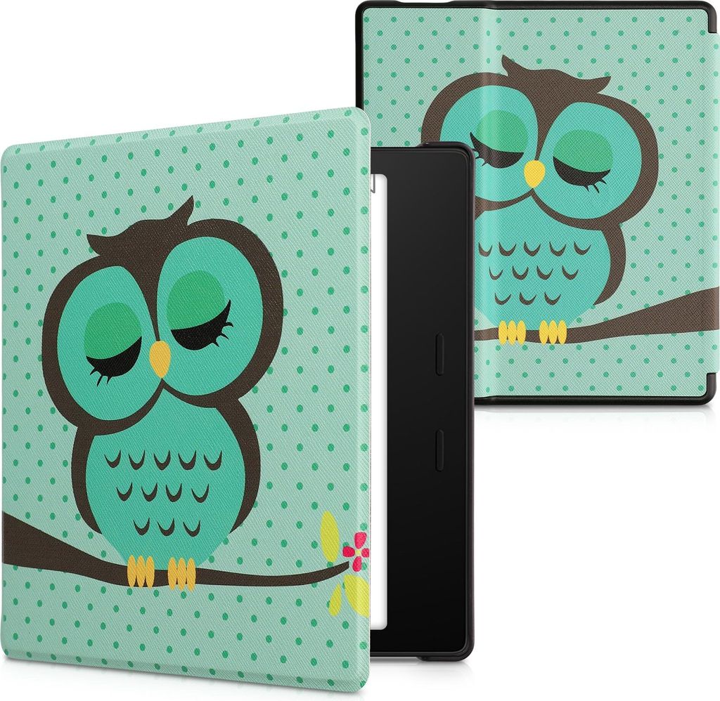 kwmobile Schutzhülle für Amazon Kindle Oasis 10. Generation Hülle - eReader Flip Case mit Auto Sleep Funktion - Eule Schlaf mit Türkis Braun Mi...