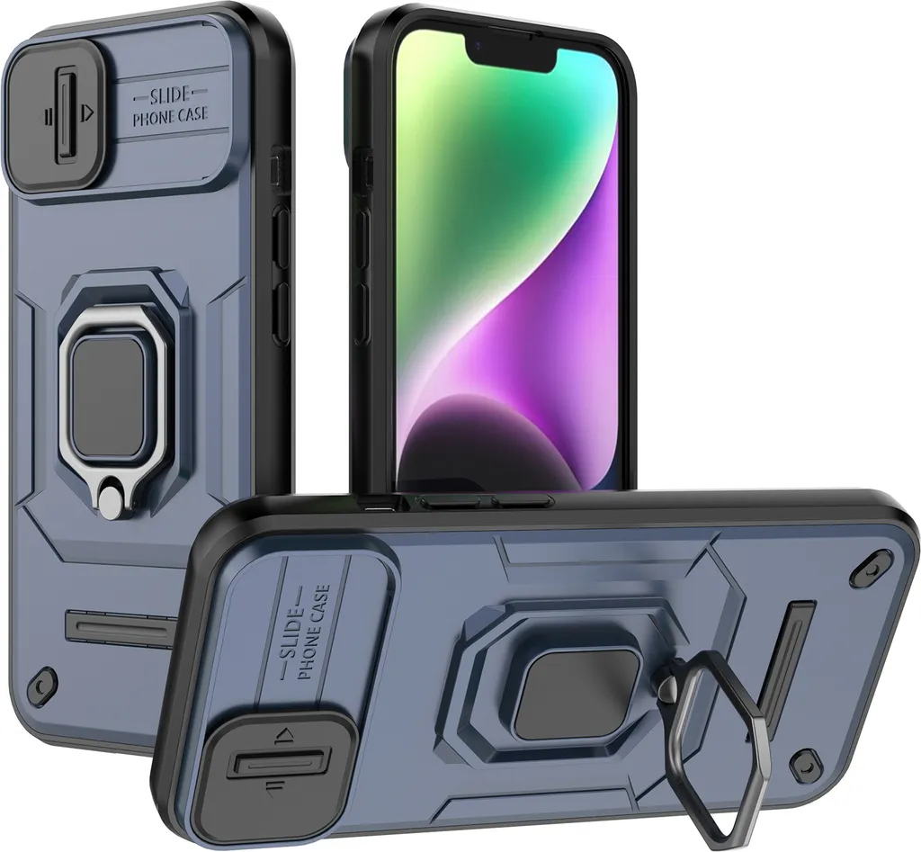 Cover iPhone 13 / 14 Blu con Slide Camera e Ring Holder Antiurto